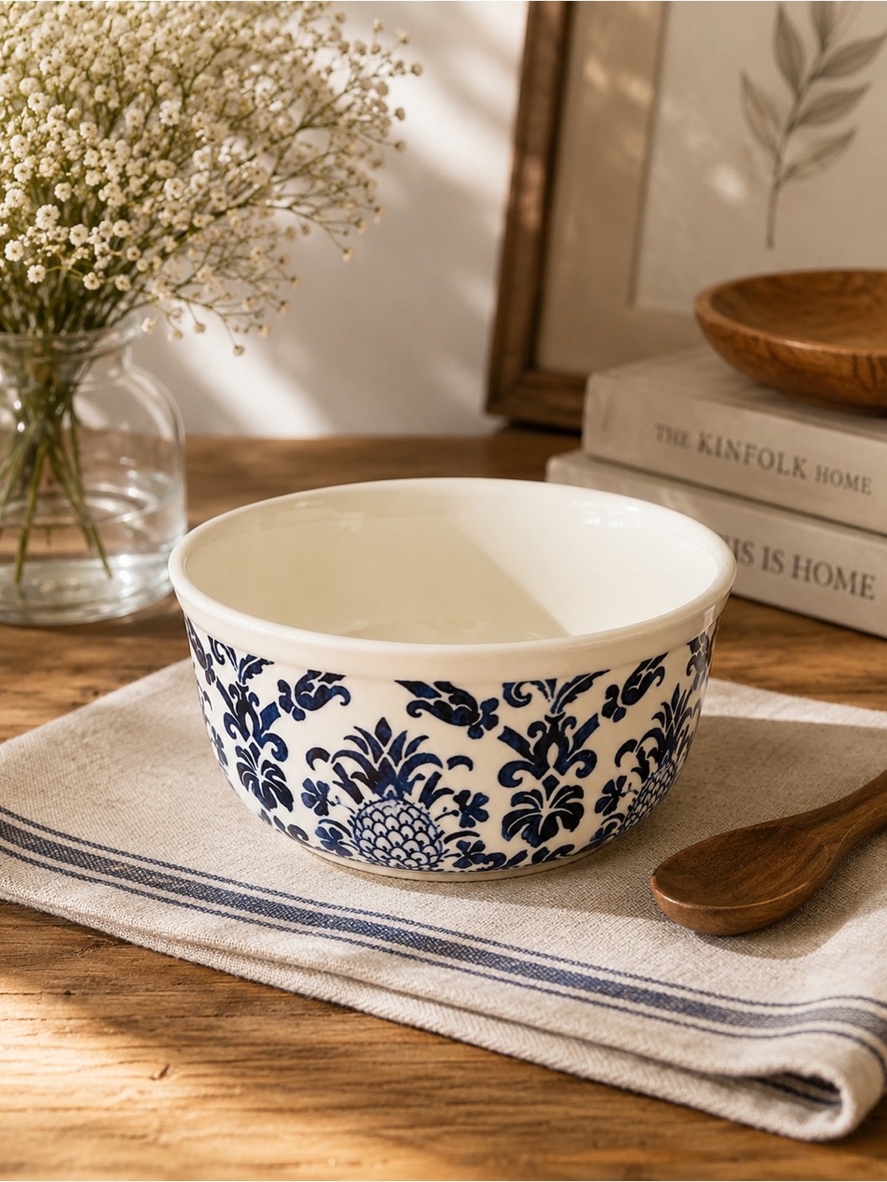 Blue and White Ceramic Serving Bowl - Classic Floral Pattern